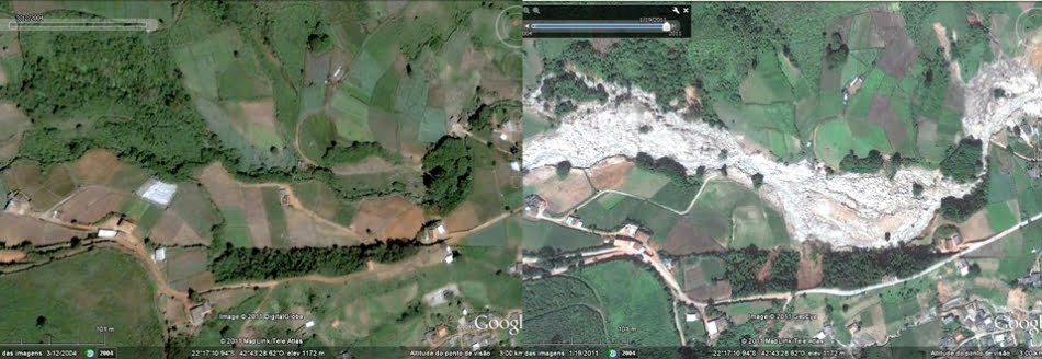 Poder de erosão e deposição das corridas de massa quando se desenvolvem em ambientes serranos - à direita, é possível notar alteração significativa das margens e leito do rio