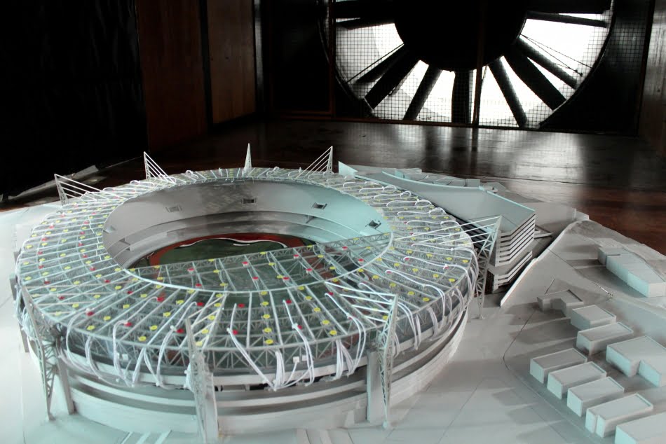 Modelo do Estádio do Morumbi e sua vizinhança no túnel de vento – escala 1:200