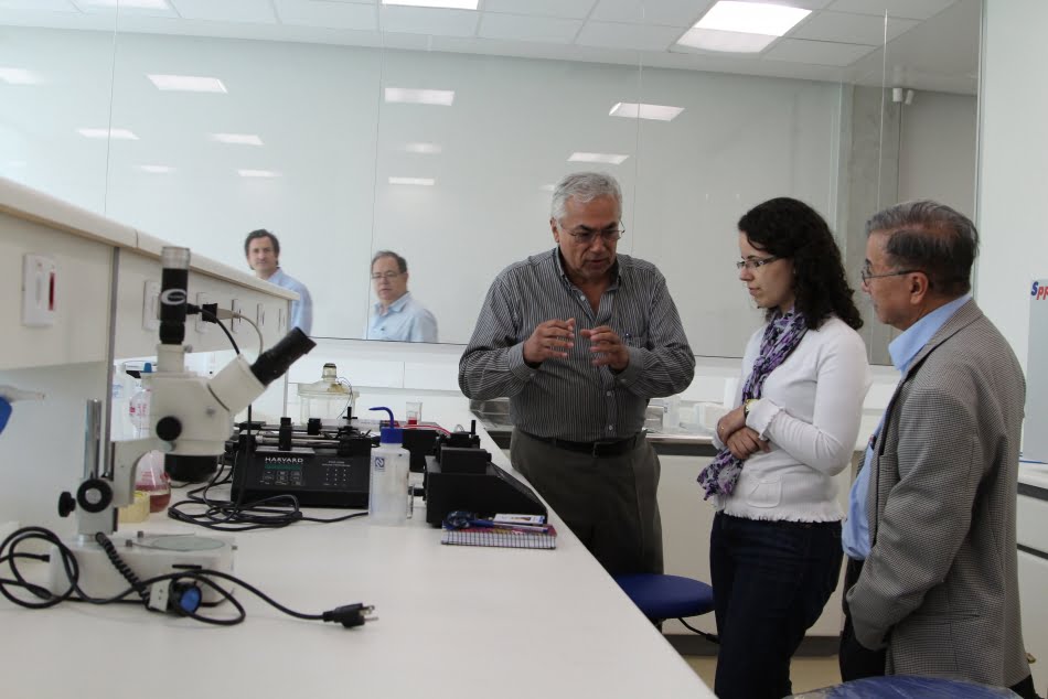 Henrique Toma (à dir.) conheceu as instalações do núcleo de bionanomanufatura do IPT; na foto, os pesquisadores Mario Ricardo Gongora Rubio e Juliana de Novais Schianti