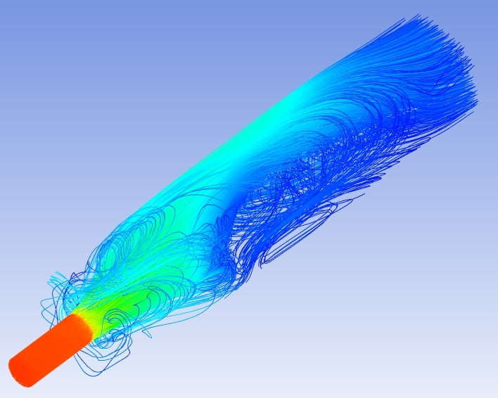Linhas de fluxo de um fluido durante escoamento dentro de tubo após uma expansão (COMSOL)