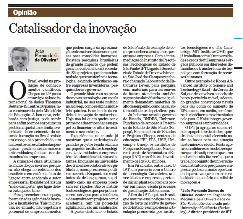 Diálogo entre academia e empresas 1 Artigo de Oliveira no jornal O Estado de S. Paulo