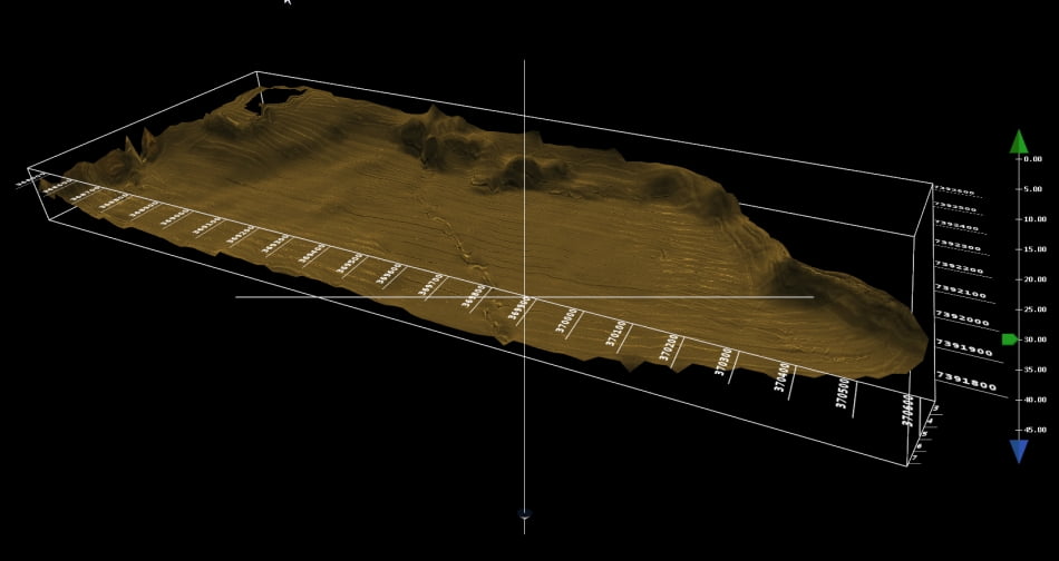 Mosaico batimétrico 3D associado com imagens do sonar de varredura lateral de parte do reservatório Taiaçupeba resultante do levantamento com o Sonar de Varredura lateral interferométrico Edgetech 6205, realizado no período de 23 a 28 de fevereiro de 2015