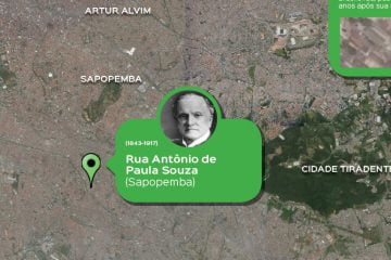 Destaque de mapa com as ruas que levam nomes de ipeteanos na cidade de São Paulo. Para conferir a história dessas personalidades, abra o PDF no final da página