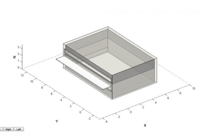 Imagem computacional de modelo proposto para o uso do dispositivo: a prateleira é um suporte que pode ser feito de diferentes materiais e que é posicionado no prédio de maneira que a luz solar que nela incida reflita para o interior do ambiente