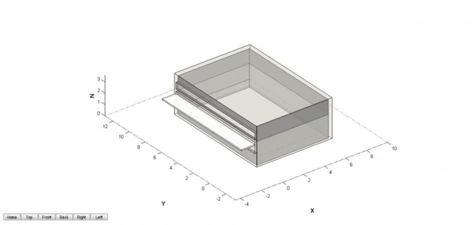 Imagem computacional de modelo proposto para o uso do dispositivo: a prateleira é um suporte que pode ser feito de diferentes materiais e que é posicionado no prédio de maneira que a luz solar que nela incida reflita para o interior do ambiente