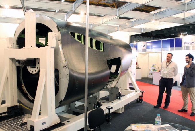 A real-scale demonstrator of an aircraft fuselage, manufactured with carbon-fiber-reinforced-polymer (CFRP) skin and stringers was shown at the fair