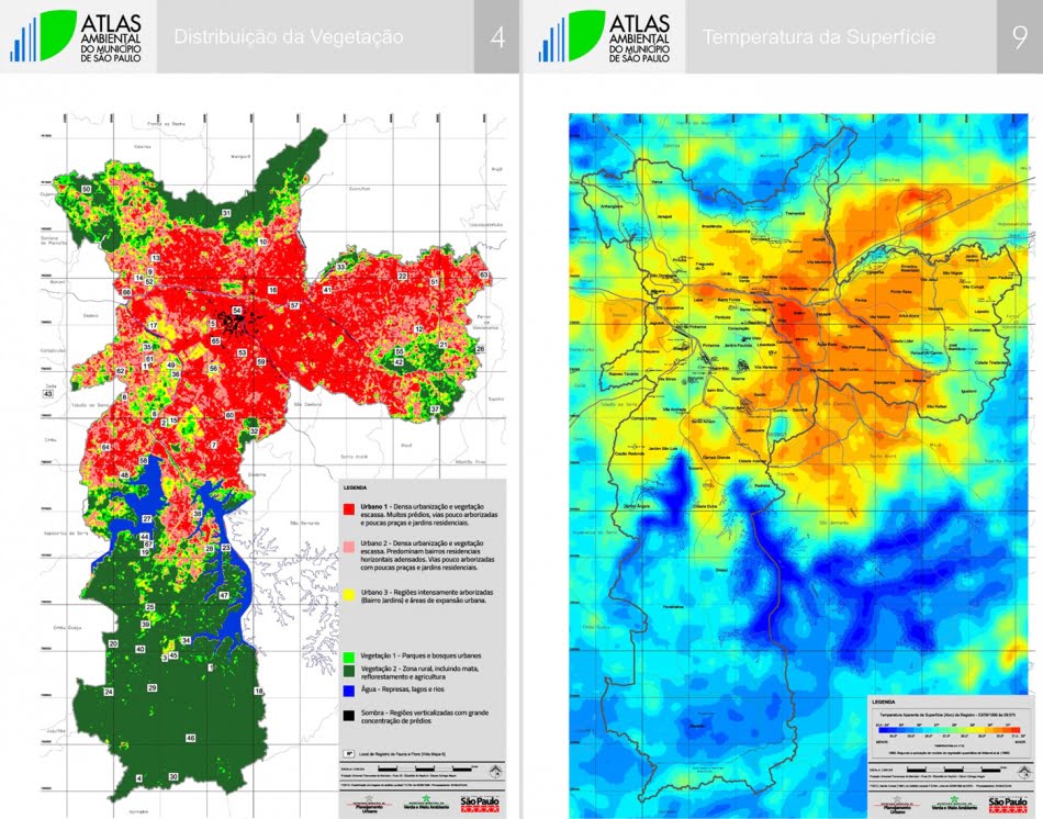 Mapa da vegetação (à esquerda) x mapa da temperatura do município de São Paulo. Quanto maior a presença do verde na cidade, mais baixa é a temperatura (áreas em verde a azul no mapa à direita). Fonte: Atlas Ambiental