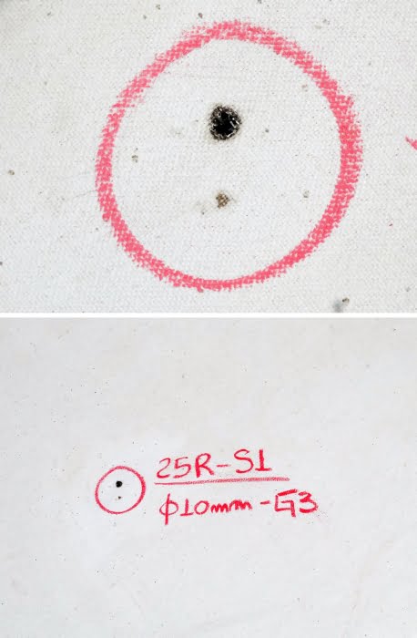 Painel com dano de grau 3 (furo) com diâmetro de 10 mm (abaixo) e detalhe do furo (acima)