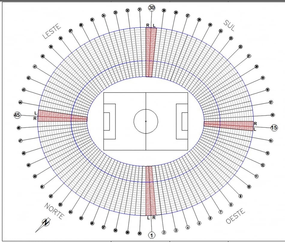 Membrana da cobertura é subdividida em 60 eixos com painéis esquerdos (L) e direitos (R)