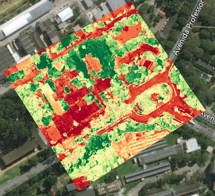 Detalhe do mosaico de imagens após aplicação de filtro que acentua as diferenças entre superfícies com características distintas: a cor vermelha está associada às áreas construídas, o verde corresponde à vegetação mais densa e o amarelo diz respeito às superfícies gramadas
