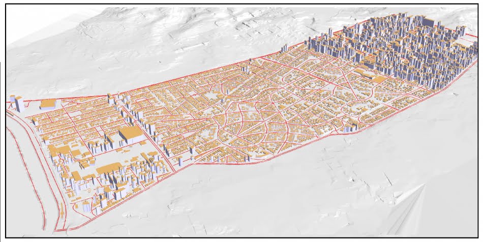 ...e na imagem a topografia com as edifica&ccedil;&otilde;es da &aacute;rea selecionada. A regi&atilde;o central &eacute; predominantemente residencial, com edif&iacute;cios de at&eacute; dois andares, bem mais baixos em rela&ccedil;&atilde;o aos pr&eacute;dios comerciais que est&atilde;o nos extremos da regi&atilde;o.