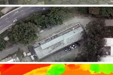 Exemplo de registro fotográfico (primeira imagem) feito logo após uma chuva como atividade de mapeamento. Um drone foi usado para tomadas aéreas do Instituto e gerar mosaicos de imagens na forma de mapas (foto central) e modelos digitais de superfície (imagem inferior). É possível reconhecer diferentes elementos que compõem a paisagem (árvores, carros e edificações) e identificar pontos altos e baixos (verde e vermelho, respectivamente)