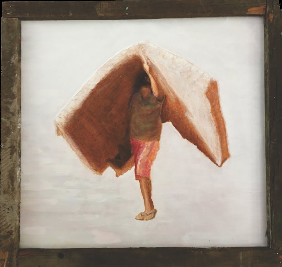 Primeiro quadro foi produzido com os materiais garimpados dos escombros do edifício: o titulo da obra é 'Menino carregando a própria casa'