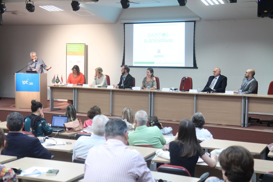 Painel contou com a participação de representantes de diversas instituições: da esq. para dir, Libório (em pé), Beatriz, Annerieke, Ribeiro, Claudia, Lutti e Soler