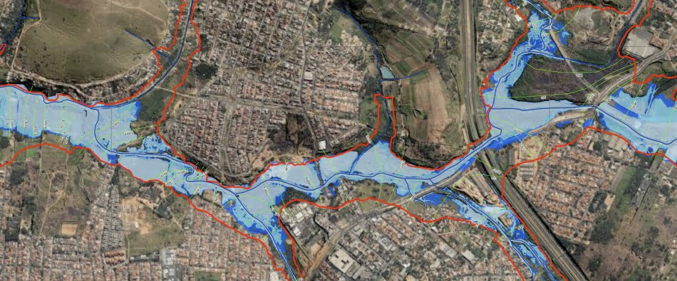 Equipes do IPT e da Prefeitura Municipal de Campinas realizaram o mapeamento das áreas inundáveis do rio Capivari; em vermelho, os limites das planícies de inundação.