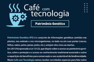 Cartaz com informações do evento Café com tecnologia IPT sobre patrimônio genético
