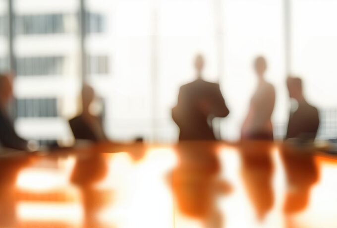 Imagem desfocada de executivos em volta de uma mesa